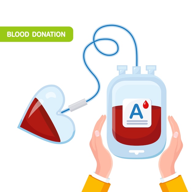 Blood bag with red drop, heart in hand. donation, transfusion in laboratory