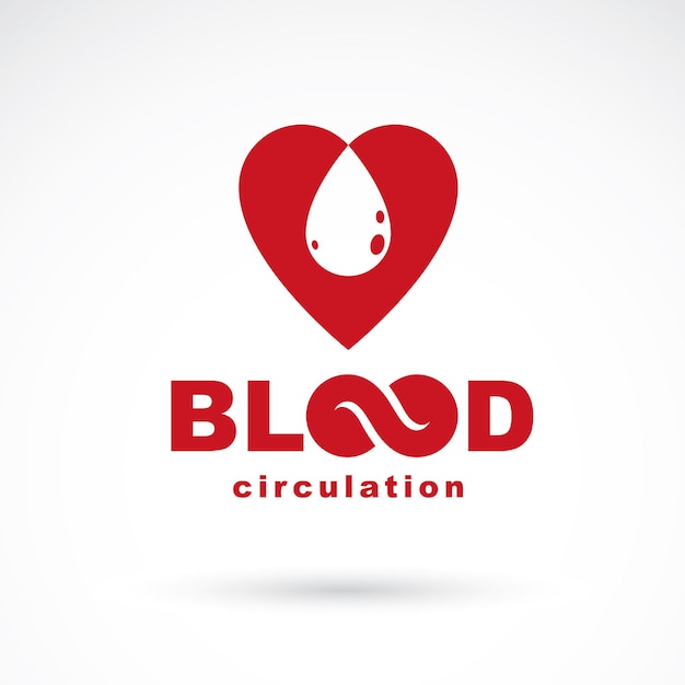 Надпись о кровообращении выделена на белом и сделана с использованием векторных красных капель крови, формы сердца и безграничного символа. позаботьтесь о жизни и здоровье человека, логотипе донорства крови.