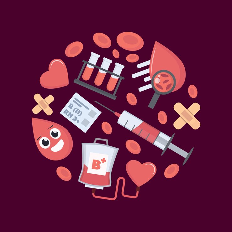 blood donation background cartoon minimalistic items set health blood donor day concept volunteer hospital transfusion laboratory vector cartoon flat circle shaped background