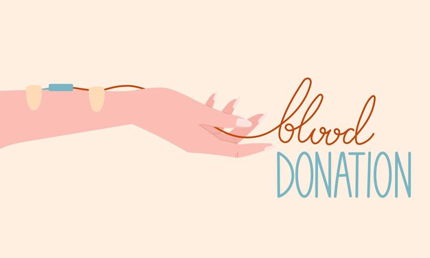 Концепция донорства крови плоский баннер с надписью мультфильм женская рука с катетером медицинский пластырь и трубки