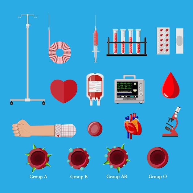 Vector blood donation day set. human donates blood