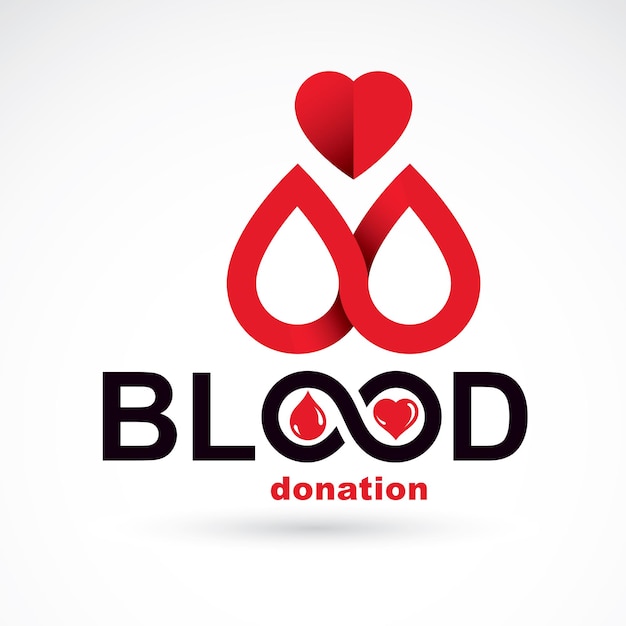 Iscrizione di donazione di sangue isolata su bianco e creata con gocce di sangue rosse vettoriali, forma del cuore e simbolo dell'infinito. logo grafico a tema medico per l'uso in organizzazioni di beneficenza.