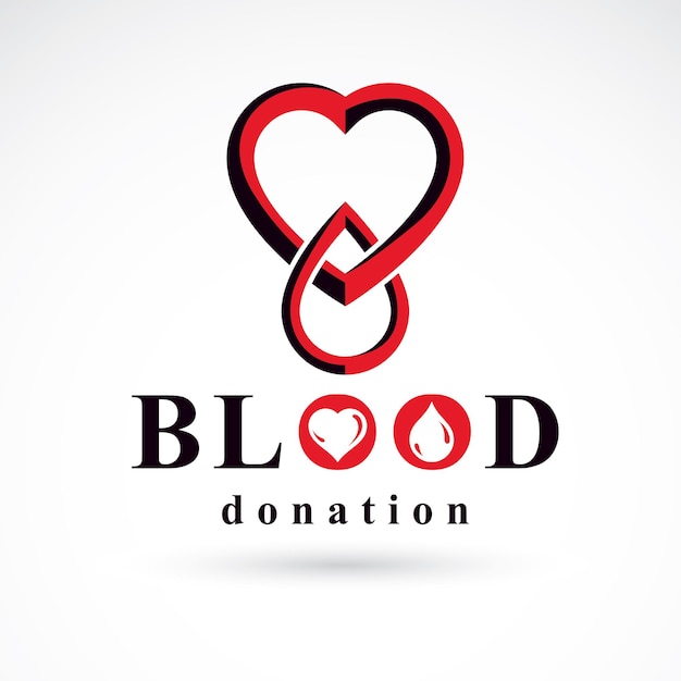 Надпись о донорстве крови сделана в форме сердца и капель крови. Концептуальный символ здорового образа жизни.