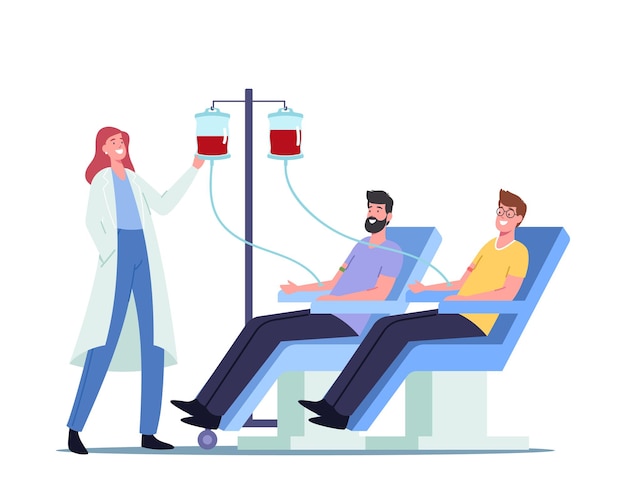 Vector blood donation. male characters donate blood for diseased people, female nurse taking lifeblood into plastic container. men donor sitting in medical chair in clinic. cartoon people vector illustration