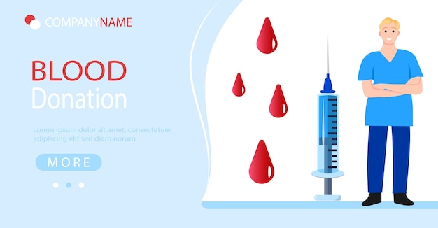 Blood donation website template vector colorful charity medical concept cartoon flat landing page