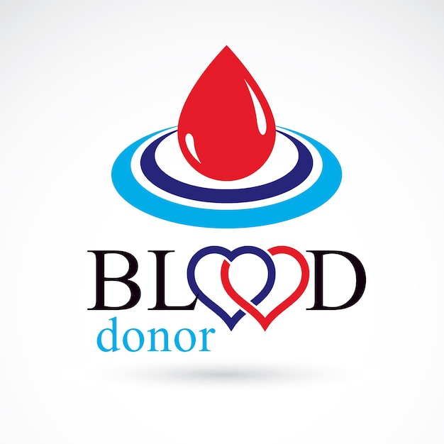 Blood donor conceptual illustration created with heart shape and blood drops. Medical rehabilitation abstract logo for use in charitable organizations.