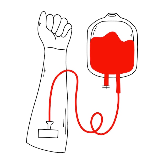 Blood donor Vector illustration pouring blood from a bag Hand with blood bagDoodle styleWorld Blood Donation Day