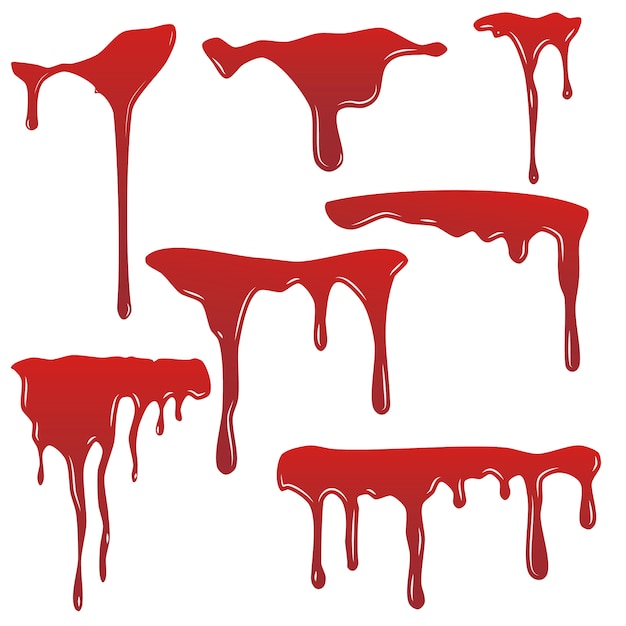 Blood drip set. drop blood isloated white background. happy halloween decoration design. red splatter stain splash spot, horror blot. bleeding bloodstain scare texture. liquid paint