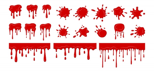 Blood drip splatters blob, collection. Bloody current splatter collection. Halloween decorative shapes liquids. Stain shape collection, drops cartoon flat spatters. Isolated illustration