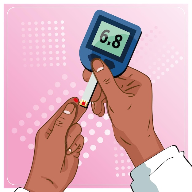 Vettore goccia di sangue da una puntura del dito in fase di test su uno sfondo grafico di illustrazione vettoriale del glucometro