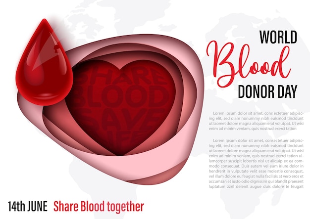 Vector blood droplets in glass style with wording of blood donor day on abstract shape with red heart in paper cut style and world map pattern white background