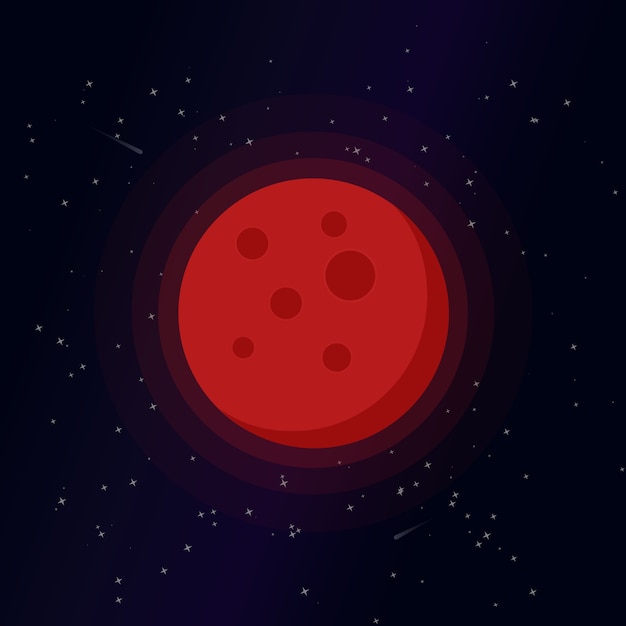 Vector blood moon cartoon illustratie, schattige volle maan vector illustraties, geïsoleerde maan op sterrenhemel achtergrond.