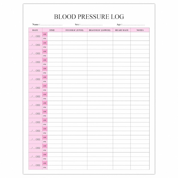 Blood pressure log sheet