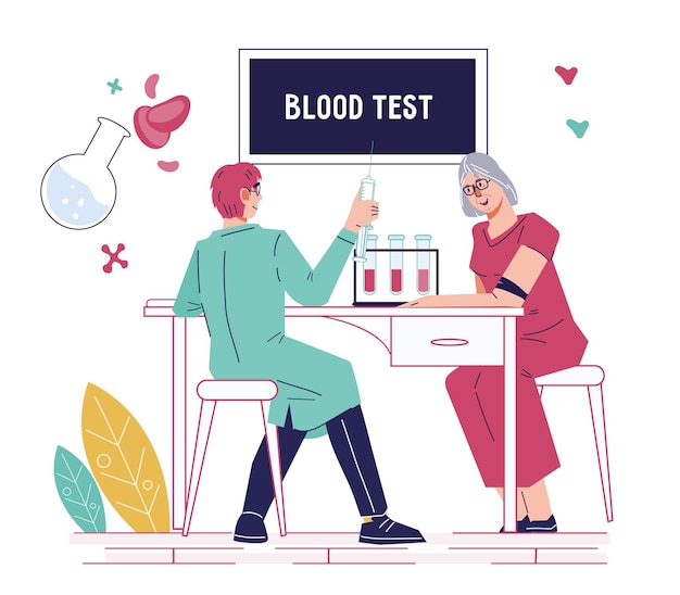 Blood test banner with doctor taking blood sample for analysis flat vector isolated on white