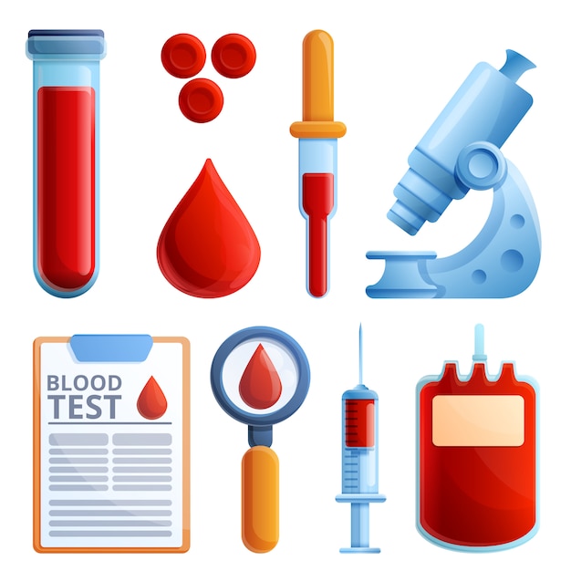 Vector blood test icons set, cartoon style