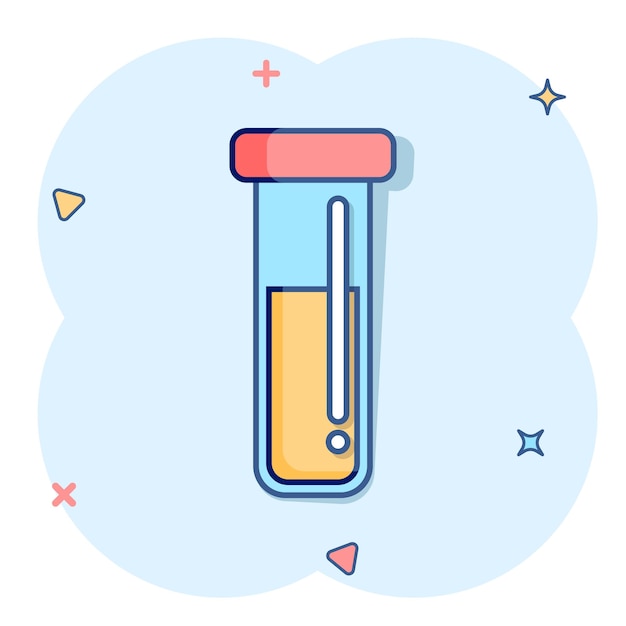 Blood in test tube icon in comic style Laboratory flask cartoon vector illustration on isolated background Liquid in beaker splash effect sign business concept