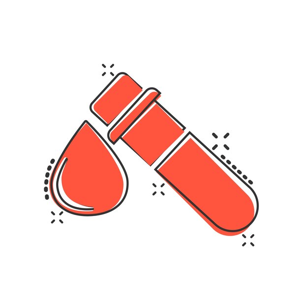 Blood in test tube icon in comic style Laboratory flask cartoon vector illustration on isolated background Liquid in beaker splash effect sign business concept