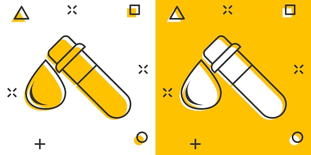 Blood in test tube icon in comic style Laboratory flask cartoon vector illustration on isolated background Liquid in beaker splash effect sign business concept