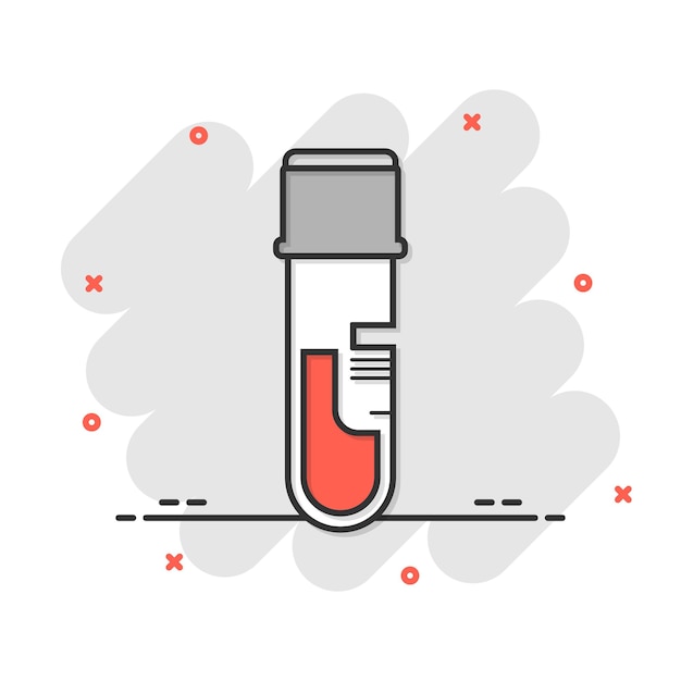 Blood in test tube icon in comic style Laboratory flask cartoon vector illustration on isolated background Liquid in beaker splash effect sign business concept