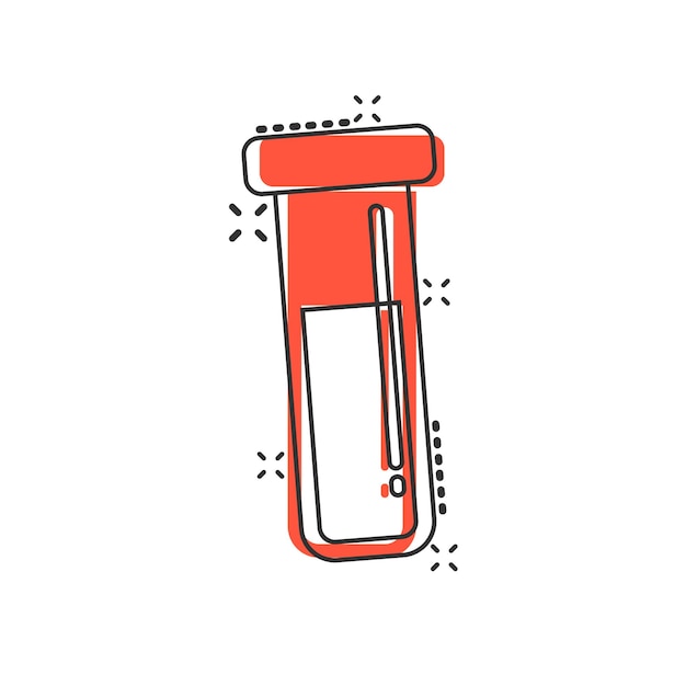 Blood in test tube icon in comic style Laboratory flask cartoon vector illustration on isolated background Liquid in beaker splash effect sign business concept