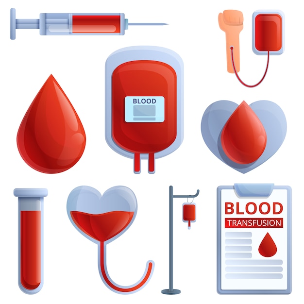 Blood transfusion icons set, cartoon style
