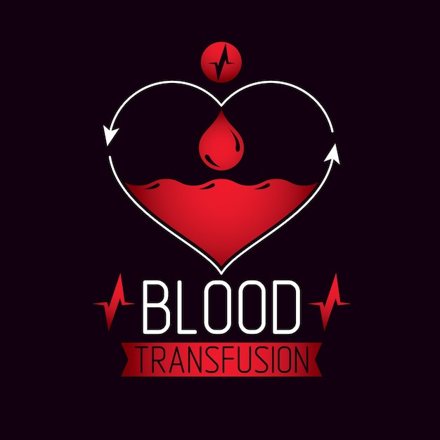 Вектор Символ вектора переливания крови, созданный в форме красного сердца со стрелками и каплями крови. концептуальный логотип добровольческого донорства, здравоохранения и лечения.