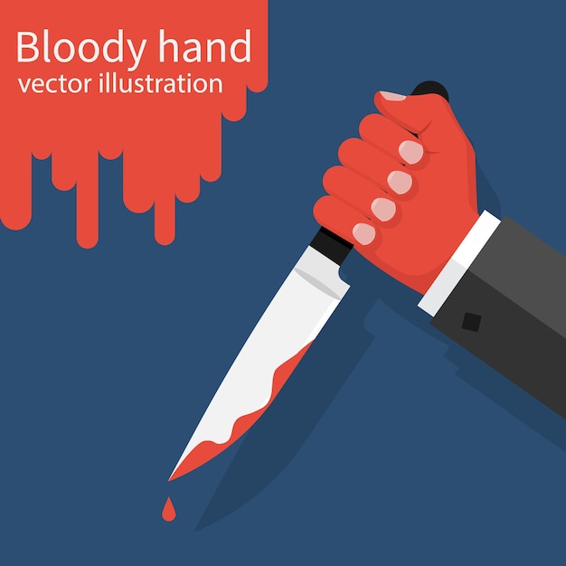 Vector bloody hand holding a knife with dripping blood. vector illustration flat design. isolated on background. killer, thug, butcher.