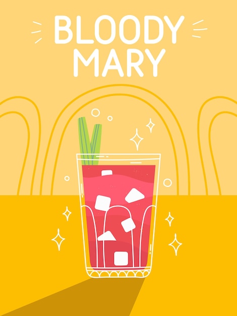 Bloody Krwawa Mary cocktail in glass with ice. Classic summer alcohol drink illustration square card