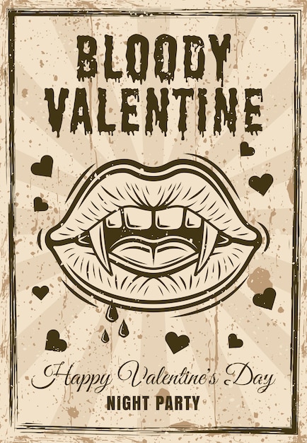 ベクトル 血まみれのバレンタイン ビンテージ ポスター吸血鬼の女性の口と牙と血の滴ベクトル図グランジ テクスチャとテキストを別のレイヤーに