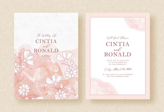 Bloom flowers with pink splash watercolor on wedding invitation 