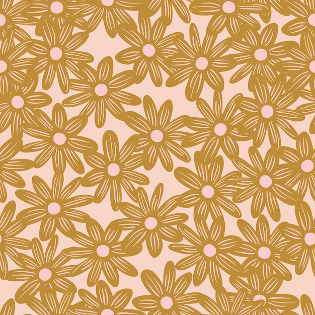 Bloom seamless pattern with little random beige daisy flowers ornament. Pink light background. Graphic design for wrapping paper and fabric textures. Vector Illustration.