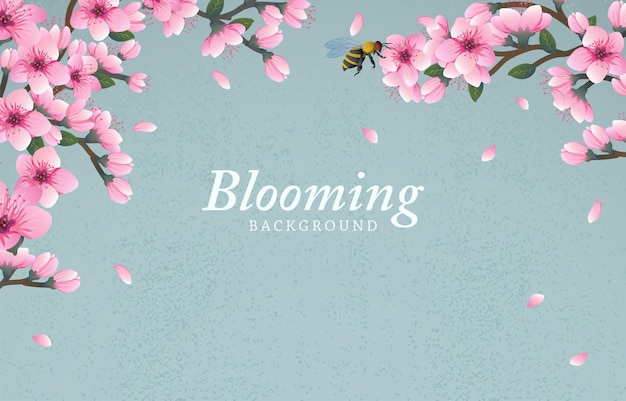 Vector blooming background with cheery blossom flowers