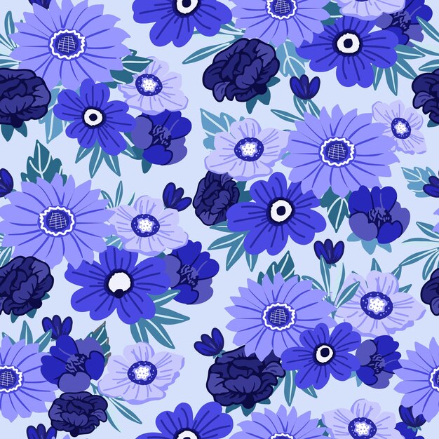 Vector blooming blue flower and leaf seamless pattern beautiful blossom background