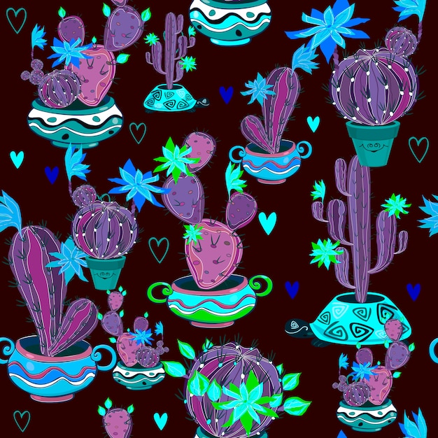 Blooming cacti in funny pots Seamless pattern