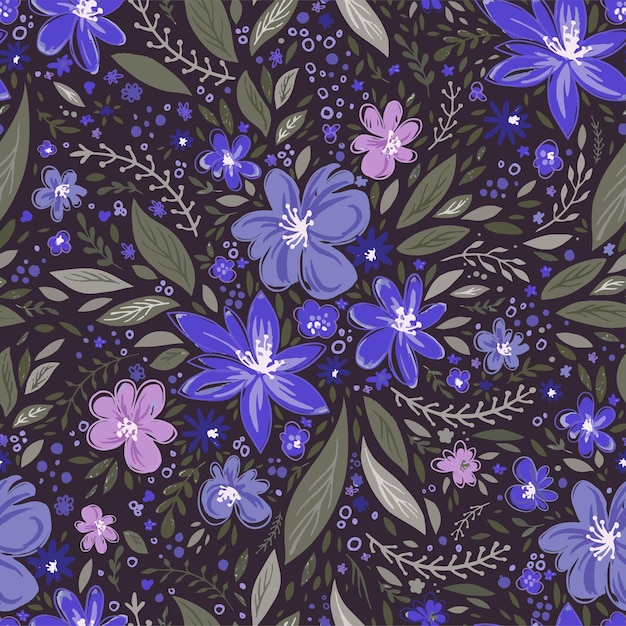 Blooming flowers and leaves seamless pattern