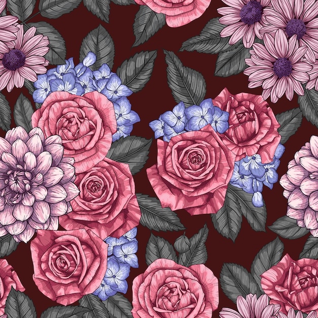 Blooming flowers in summer garden background pattern