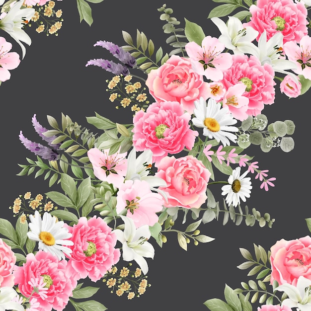 Blooming hand drawn flowers seamless pattern