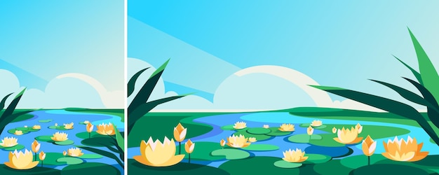 Blooming lotuses on the river