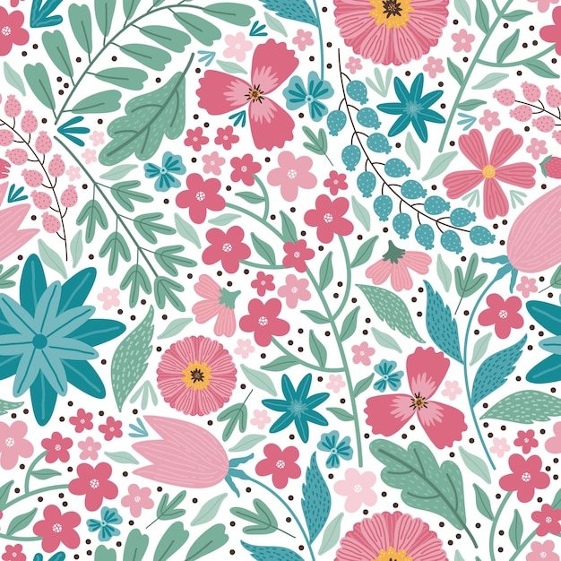 Vector blooming midsummer meadow seamless pattern. floral background of colorful flowers, buds, leaves, stems. lot of different flowers on the field. liberty millefleurs. scandinavian style art florals