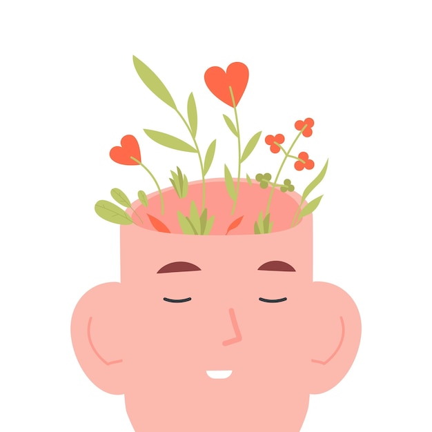 咲く心肯定的な精神的な美しさ頭マインドフルネスと癒しの脳の幸せと幸福のベクトル図の中に花を持つ人間