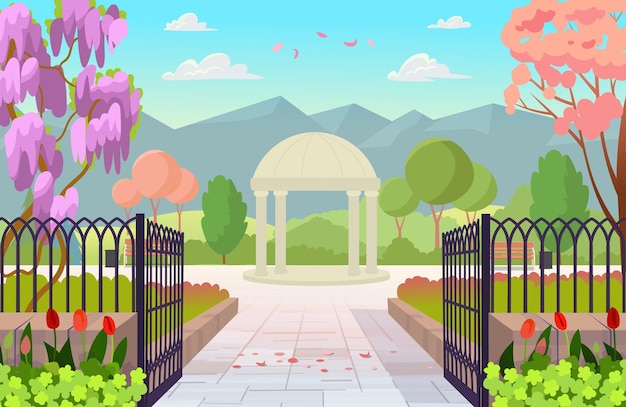 Vector blooming park in spring with mountains entrance to the park day open gates to the park