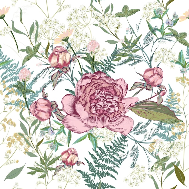 Vector blooming peony floral pattern with vector green herbs and flowers