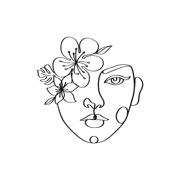 Blooming petal flowers woman face linear artwork illustration