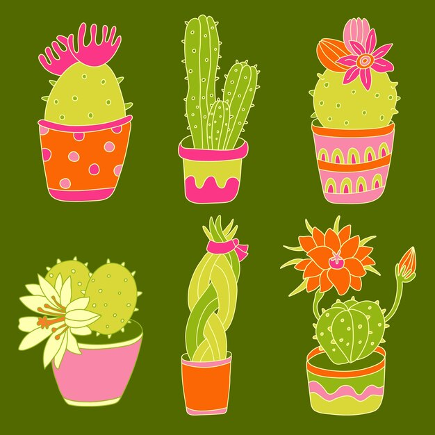 Blooming potted cactuses set hand drawn illustration with color outlines