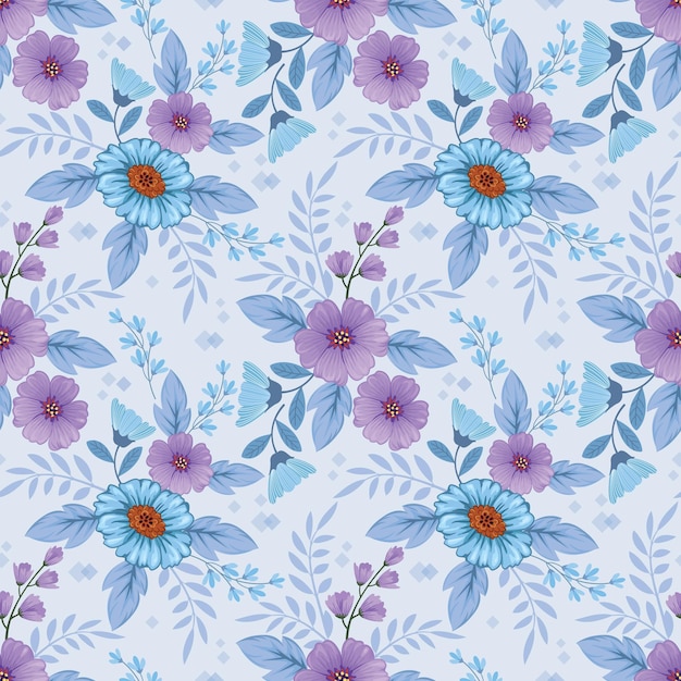 Blooming purple and blue flowers seamless pattern for fabric textile wallpaper