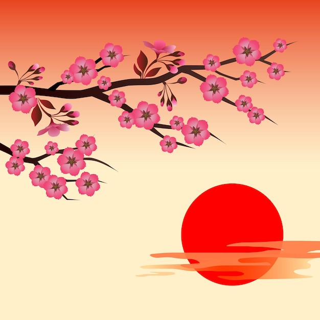 Vettore ramo di sakura in fiore sopra il sole rosso