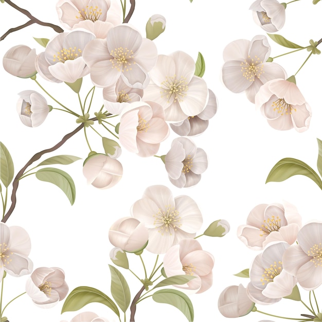 Vettore decorazione sakura in fiore per l'arte del tessuto. cherry flower seamless pattern con fiori e foglie su sfondo di colore bianco. decorazione per carta da parati o da regalo, ornamento tessile. illustrazione vettoriale