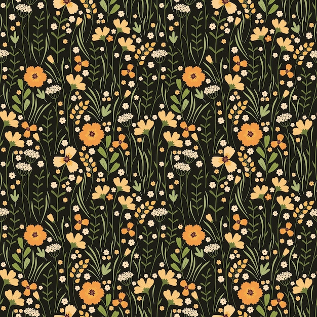 Modello senza cuciture di fioritura prato estivo. ripetendo il motivo floreale su sfondo scuro. un sacco di diversi fiori gialli selvatici, boccioli, foglie, steli sul campo. millefleurs liberty. stile scandinavo