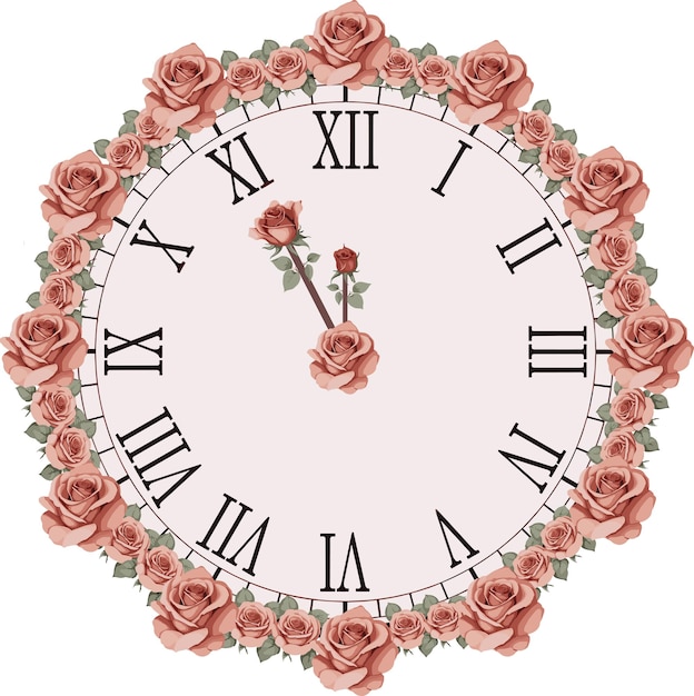 Blooming Time Clock and Rose flower Clipart