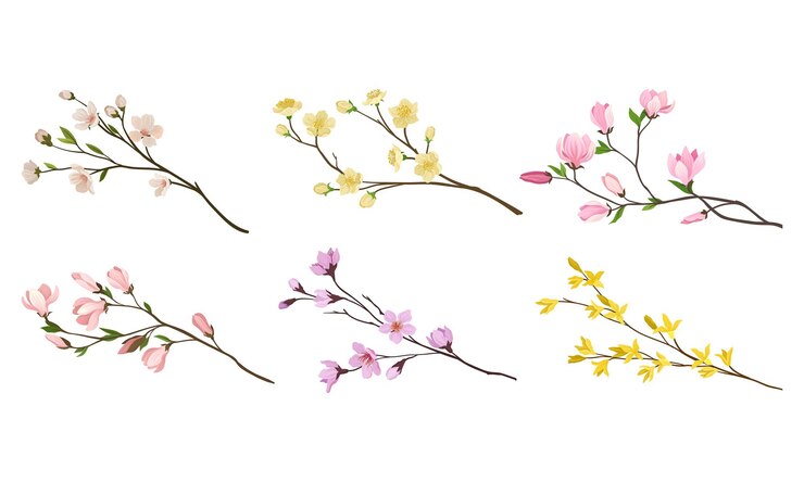 Vector blooming tree branches and twigs with tender flower buds vector set
